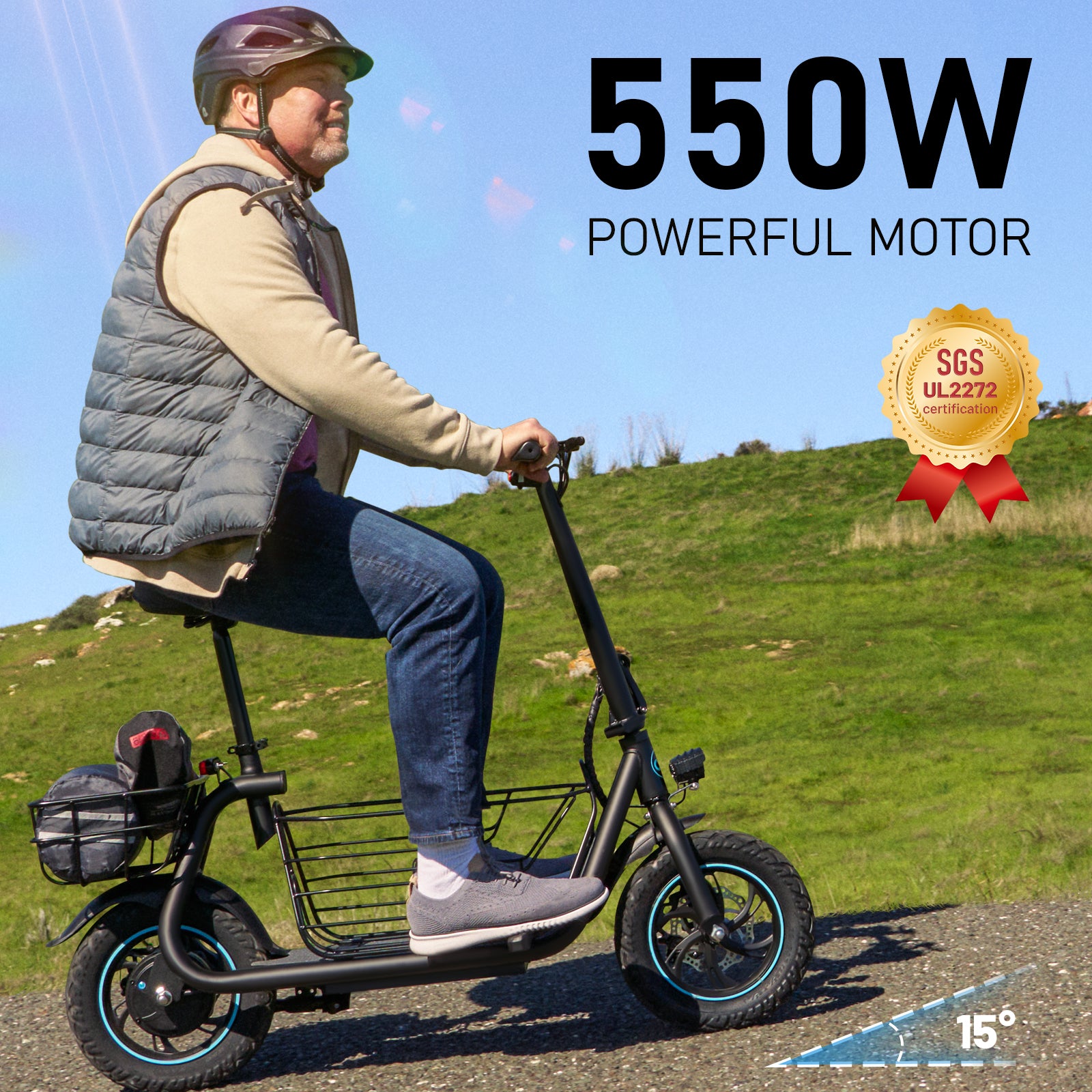 Electric Scooter with Removeable Large Middle Basket  for Pets & Cargo, 550W Motor 18.6 MPH 20 Mile Distance