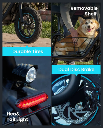 electric scooter durable tires front and rear lights removable shelf dual disc brakes safety system