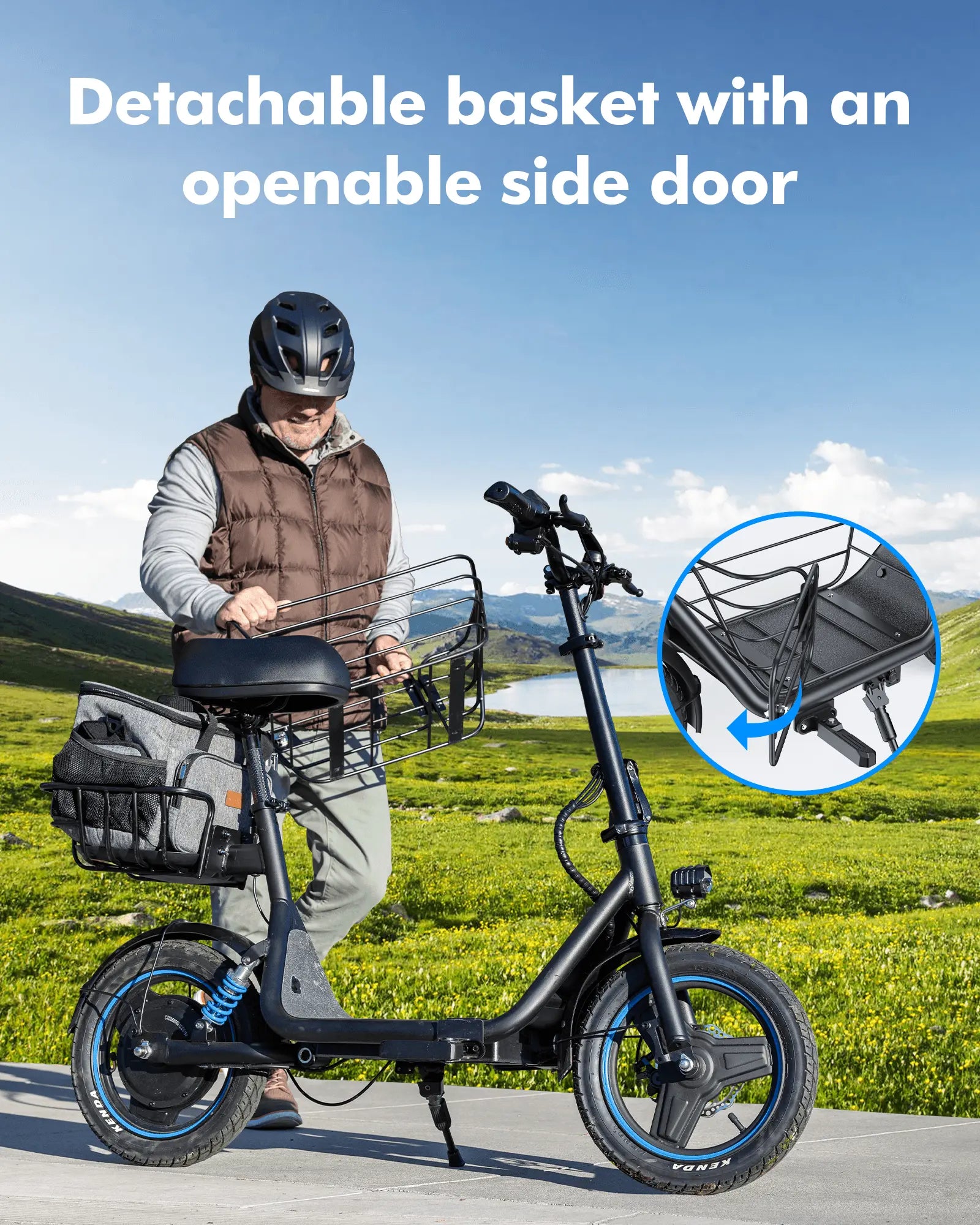 Gyroor C1Plus electric scooter with a detachable basket featuring an openable side door