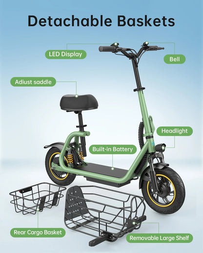 green electric scooter with seat dual detachable basket Headlight and LED Display