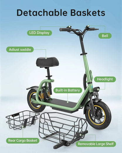 green electric scooter with seat dual detachable basket Headlight and LED Display