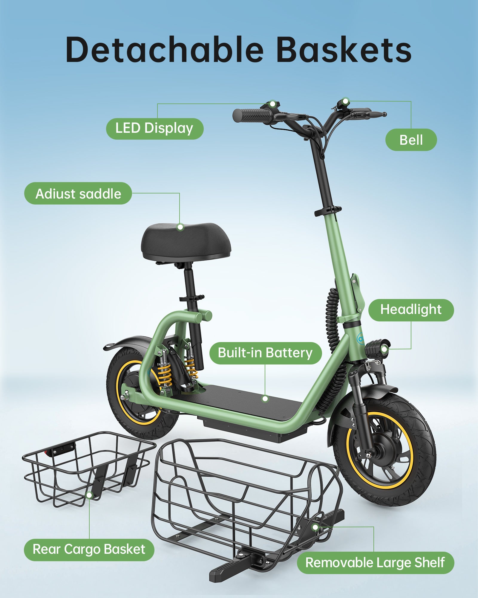 GYROOR C1 Pro Electric Scooter 800W(Peak) with Removeable Dual Baskets for Pets and Cargo( New Version)