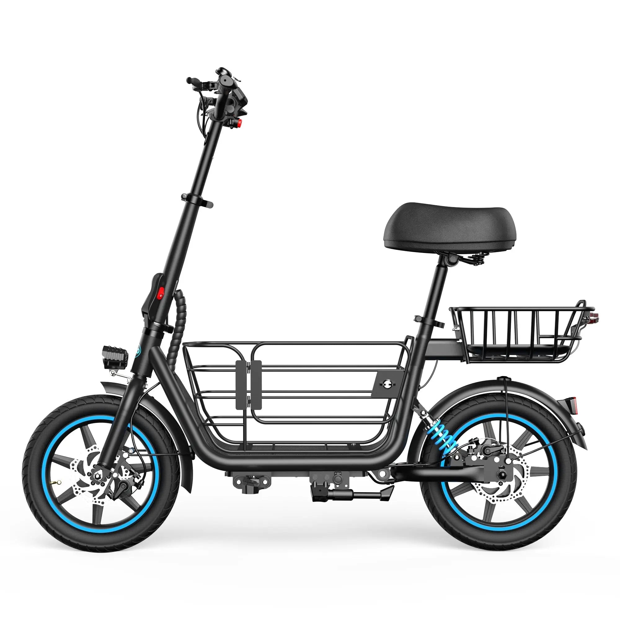 Gyroor C1Plus electric scooter for adults in black, side view with front and rear cargo baskets