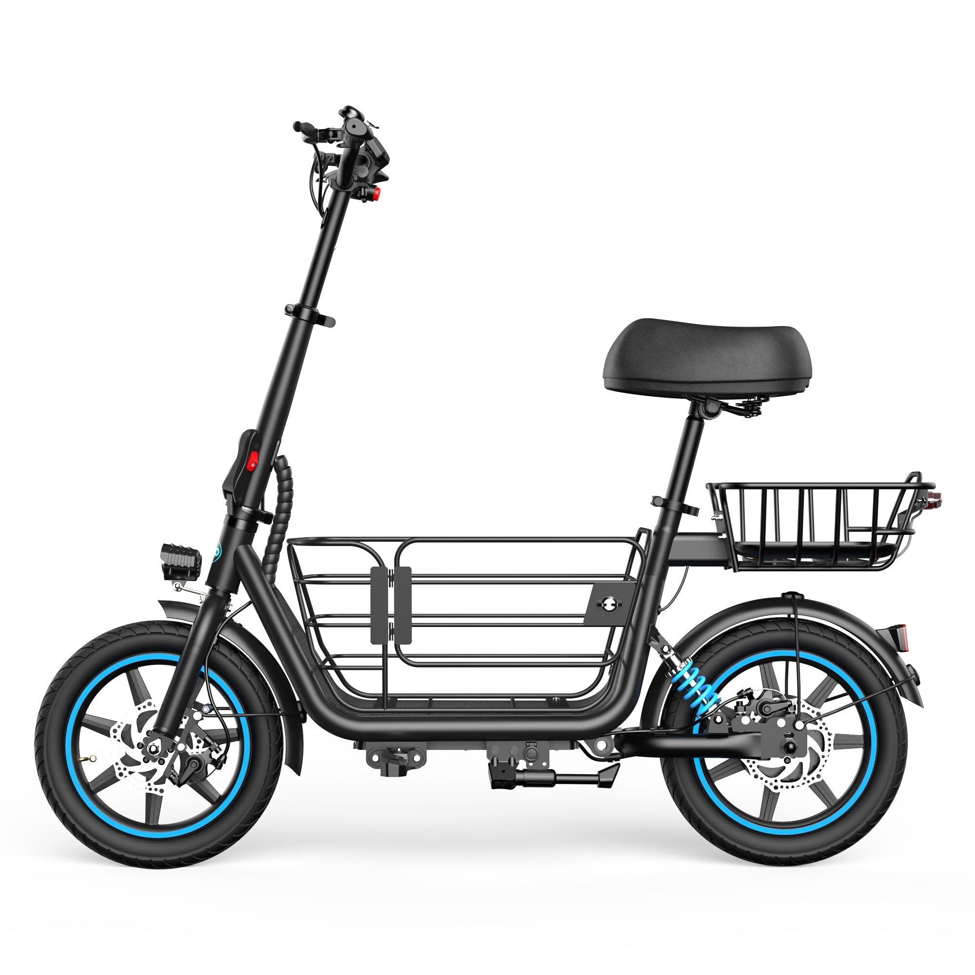 Gyroor C1Plus electric scooter for adults in black, side view with front and rear cargo baskets