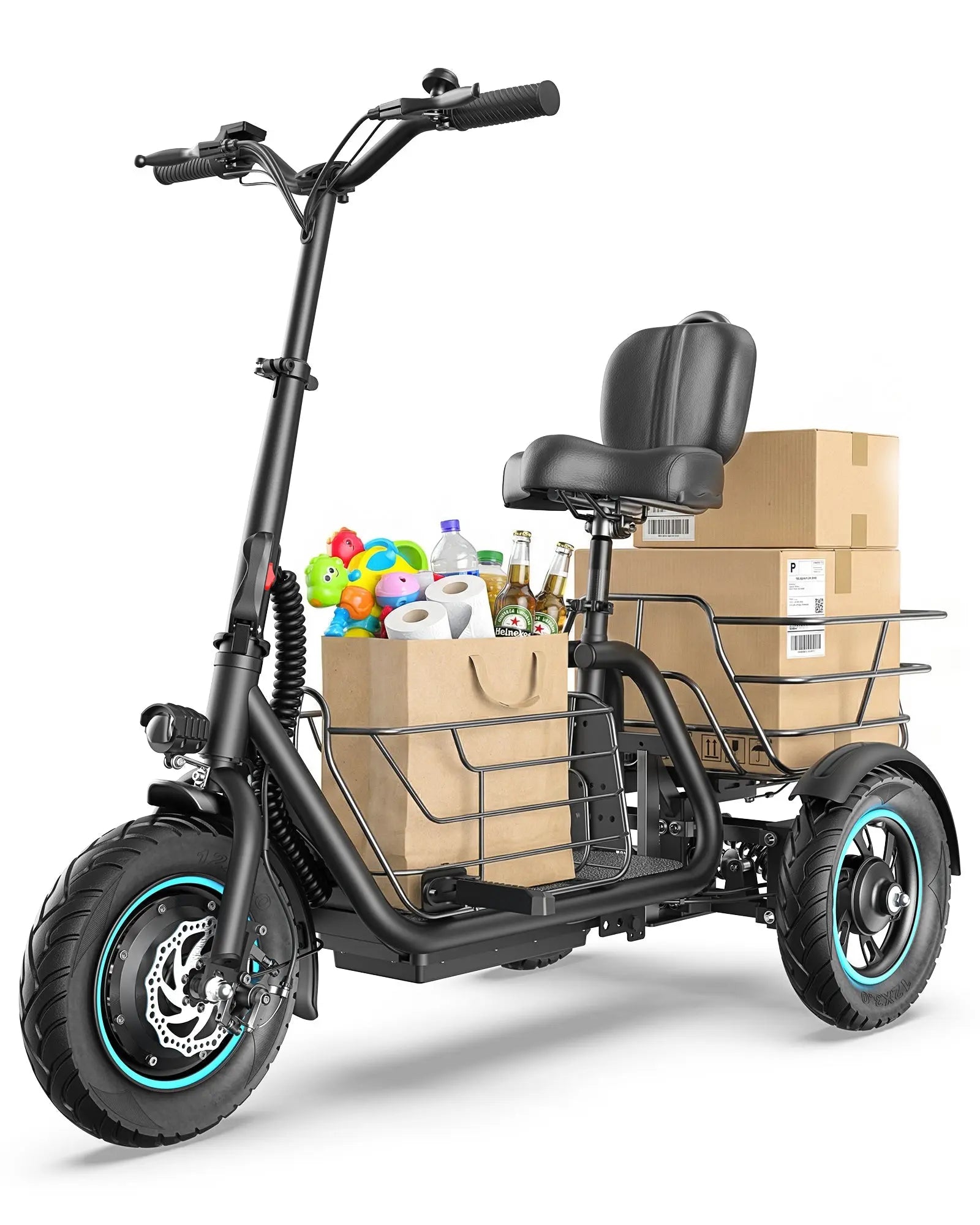Gyroor C5 electric trike loaded with cargo and groceries in the rear basket