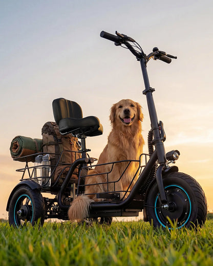 Gyroor C5 electric trike full side profile with padded seat and three wheels