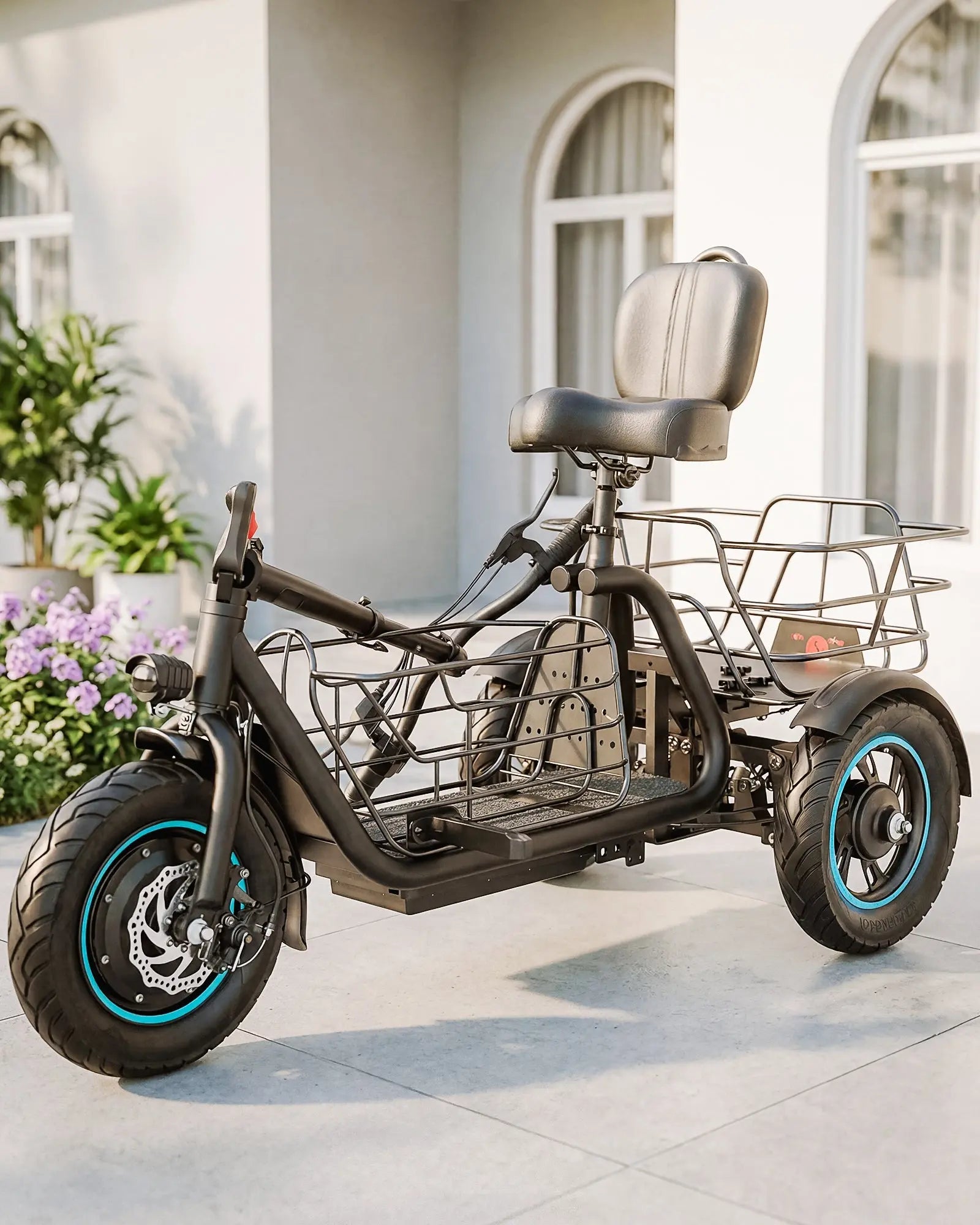 Gyroor C5 foldable electric trike with 1000W motor shown for compact storage