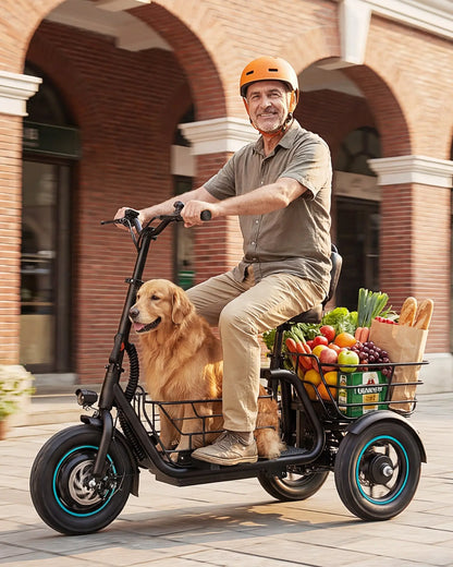 Gyroor C5 foldable electric trike folded for transport and storage
