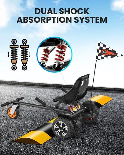 K2 hoverboard go-kart seat attachment with dual shock absorption system