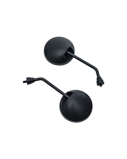 Back view of two round black electric scooter rearview mirrors with curved metal stems
